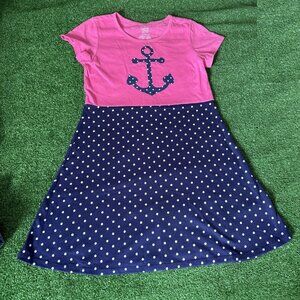 Faded Glory Crew Neck Anchor Nautical Polka Dot Pink & Navy T-shirt Dress Size L